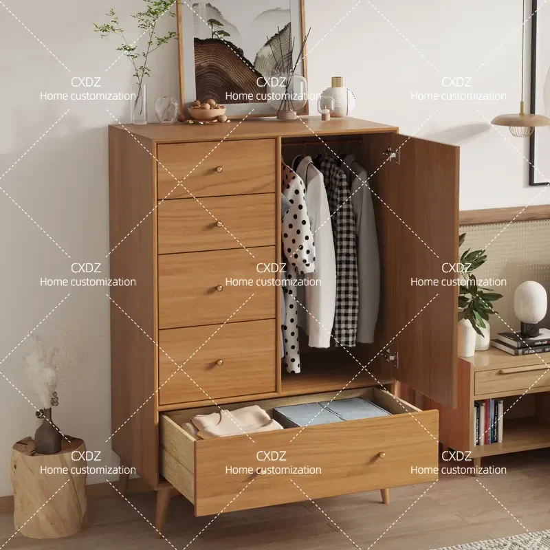 Nordic Solid Wood Wardrobe Small Apartment Storage Locker Bedroom Multi-functional Chest Compact Closet for Home Organization