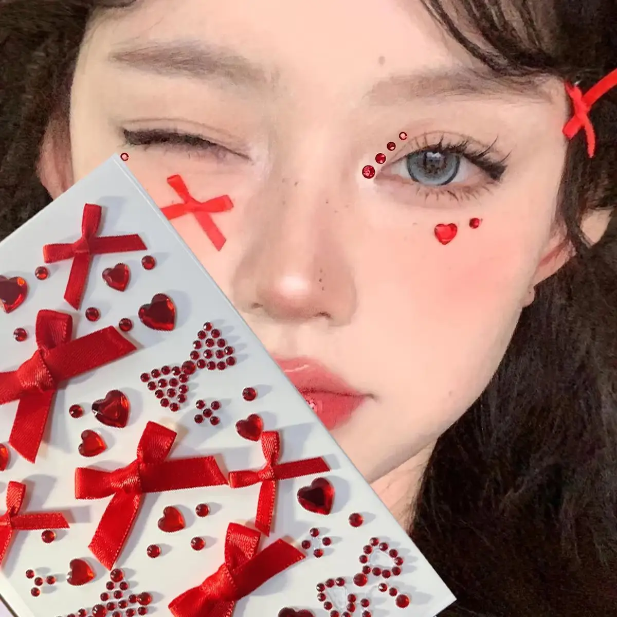 1pc Pink & Red Bow Glittery Stereo Gem Stickers Makeup Christmas Holiday Party Music Festival DIY Eyes Face Body Jewels Stickers