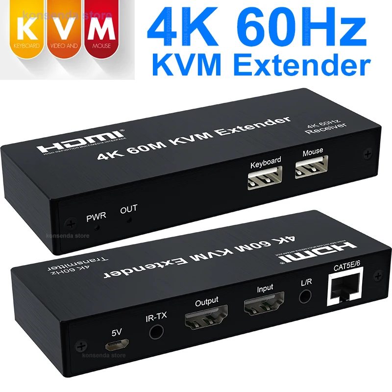 

4K 60Hz HDMI KVM Extender 60M over Rj45 Cat6 Cable HDMI USB Extender Video Transmitte Receiver Kit Support Mouse Keyboard PC NVR