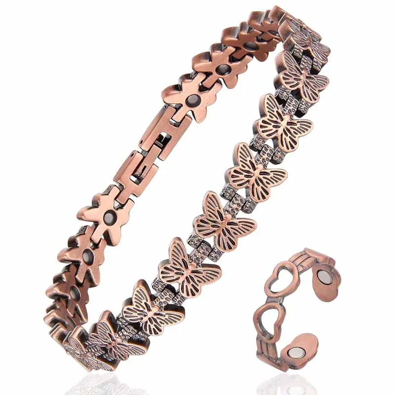 2 Elegant Copper Magnetic Bracelets, Ring Set, Women's Exclusive - Slim Butterfly Design, Suitable for Daily Jewelry Gifts, Dail