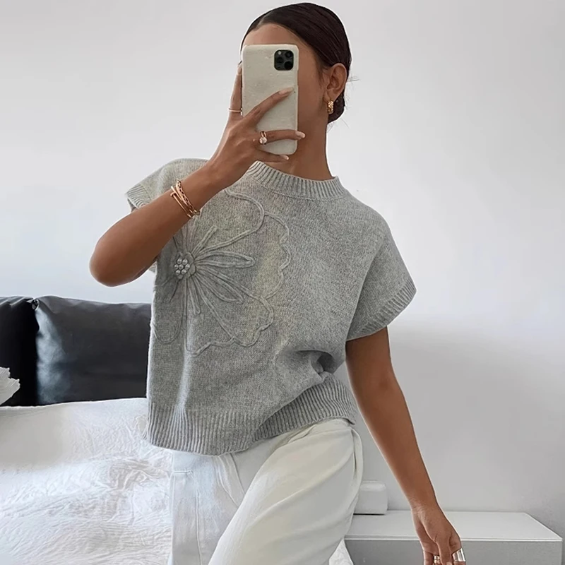 Typhaland Beaded Short Sleeve Knitted T shirt Female Summer Thin Fashion O neck Top Pullover Casual Loose Female Sweater T shirt