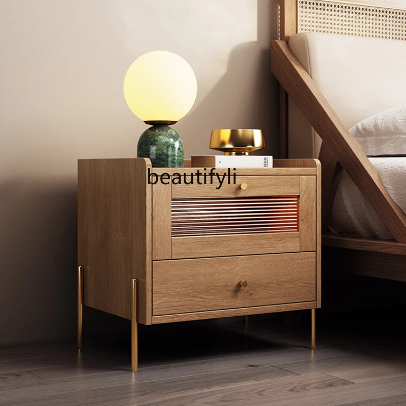 Small Apartment Bedside Table Modern Minimalist Bedroom Locker Cream Style Silent Style Solid Wood Bedside Cabinet