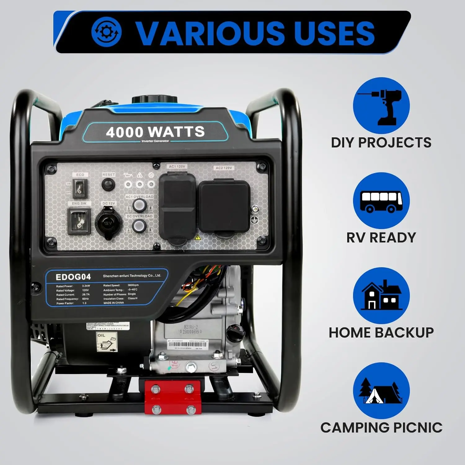 4000W Portable Inverter Generator for Home Use, Lightweight & Quiet Outdoor Generators for Camping RV Emergency Power Backup,
