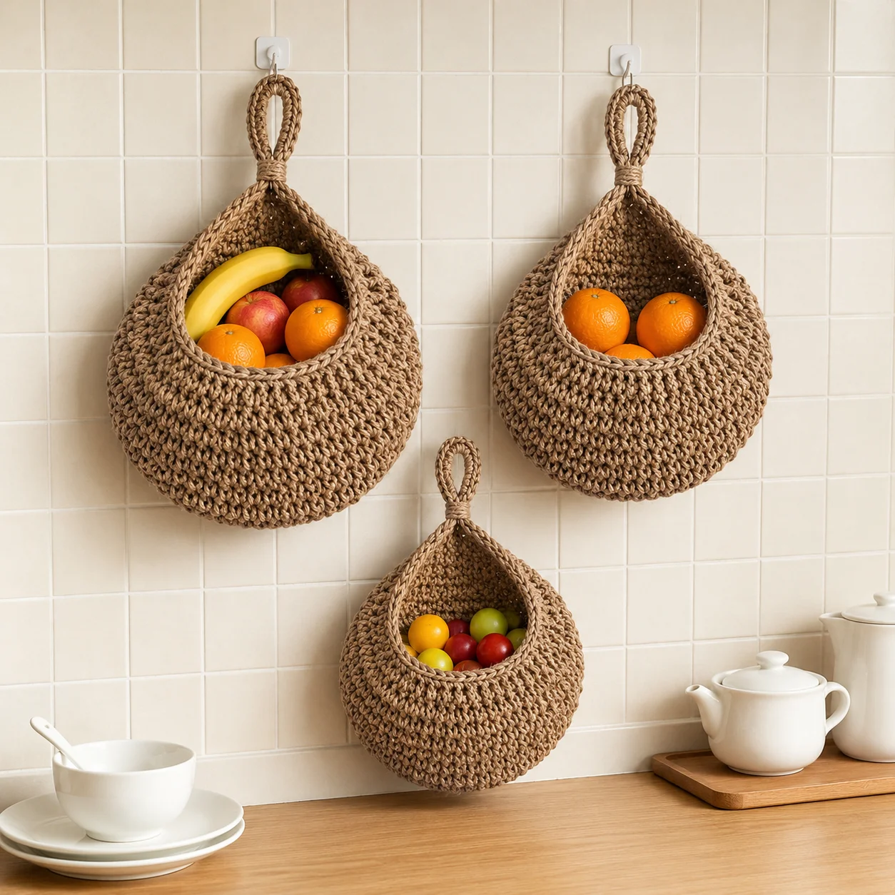 Teardrop Woven Hanging Fruit Basket Wall Mounted Rope Storage Bag Garlic Onion Holder Vegetable Organizer Boho Kitchen Decor view 4