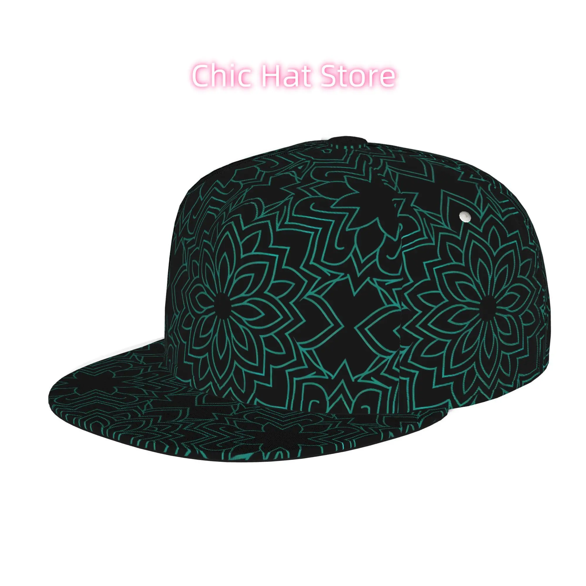Men' Minimalist Teal Mandala Snapback Hat - Adjustable Flat Brim Baseball Cap with All-Over Print, Lightweight Suitable for Skat
