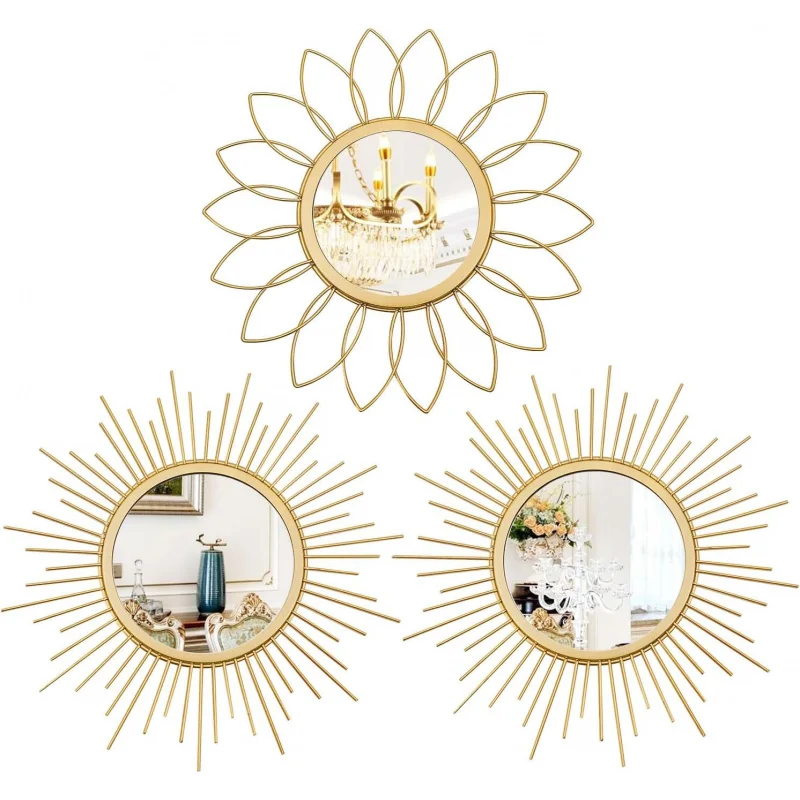 

3 Pack Metal Sunburst Mirrors Home Décor Decorative Hanging Wall Art for Living Room Bedroom Entryway (Gol