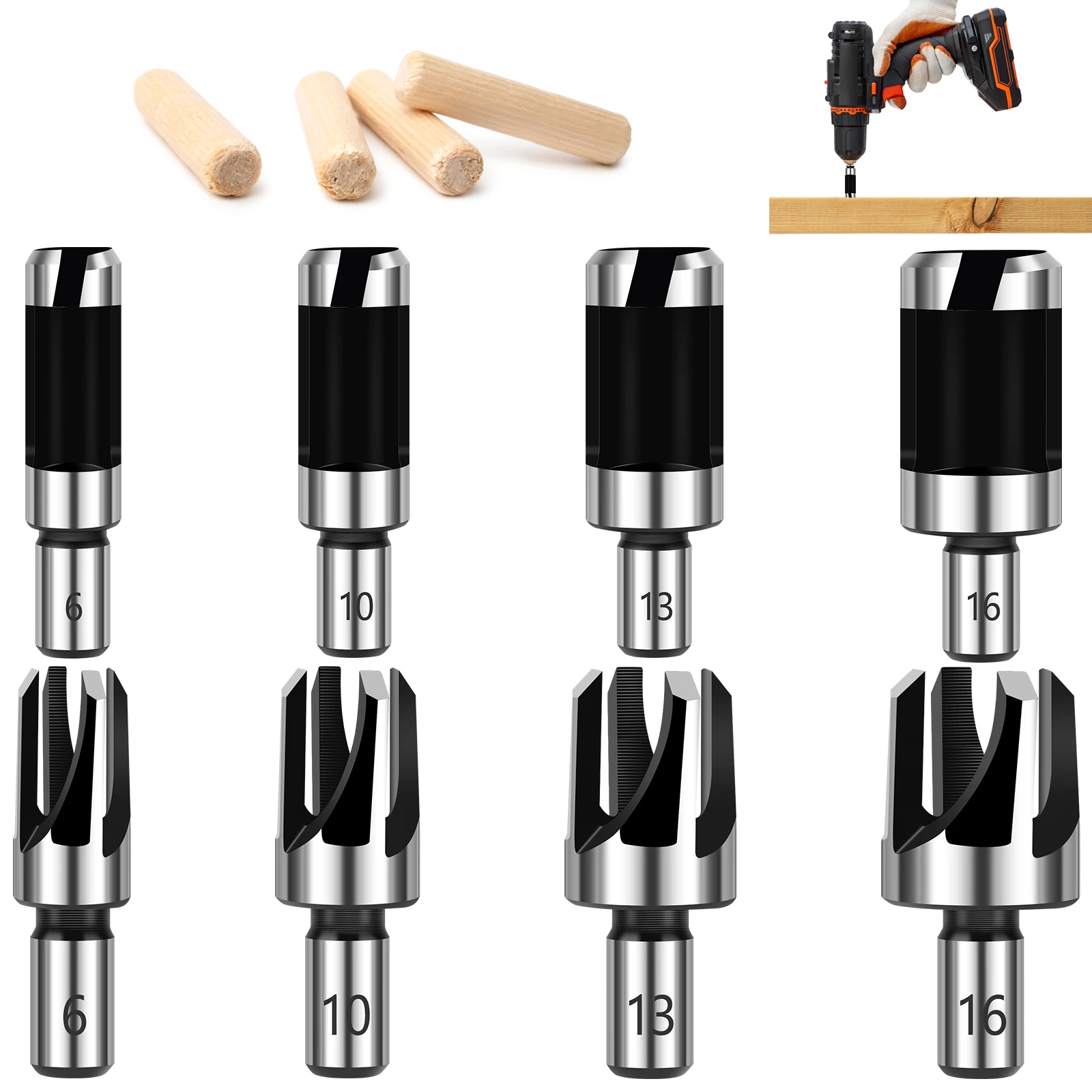 8pcs Wood Dowel Drill Bits Standard Dowel Cutters Set Four Flute Dowel Hole Cutter Round Shank Claw Tapered Drill Bits Set 6mm