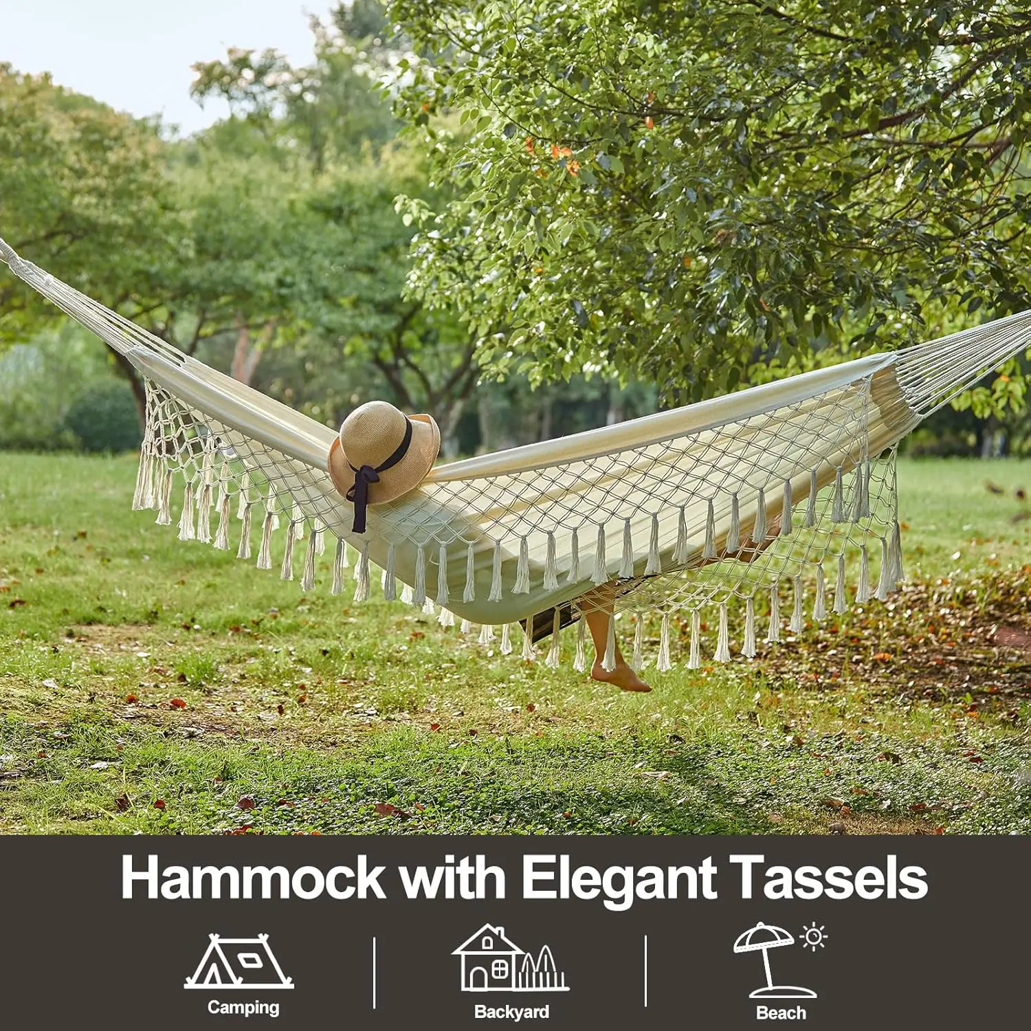 Extra Large Double Hammock with Tree Straps, 94x63IN for Two, 450lbs Capacity, Soft Cotton Fabric - Natural White