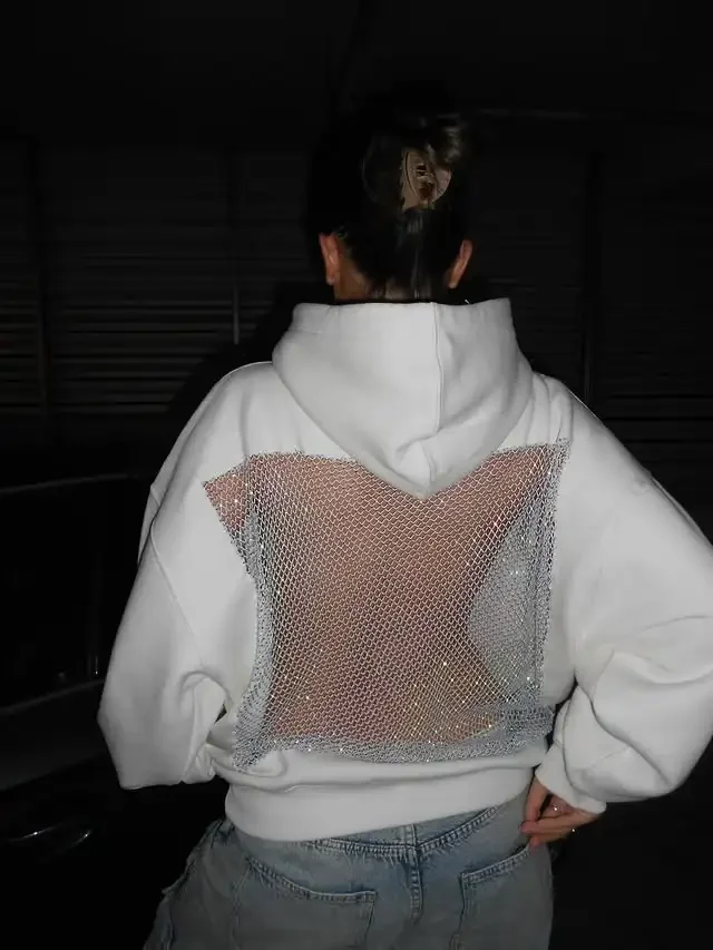Sudadera con capucha gótica americana para mujer, ropa Sexy de malla hueca Y2K, jersey translúcido a la moda, sudadera informal de manga larga