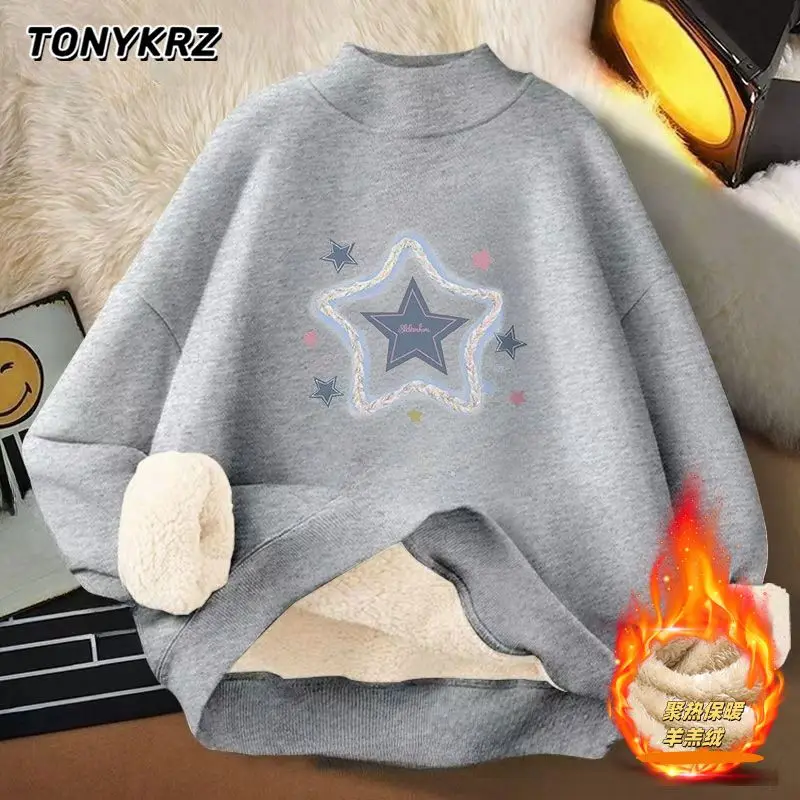 Moletom com capuz de lã de cordeiro com estampa de estrelas para mulheres com gola semi alta e blusa quente