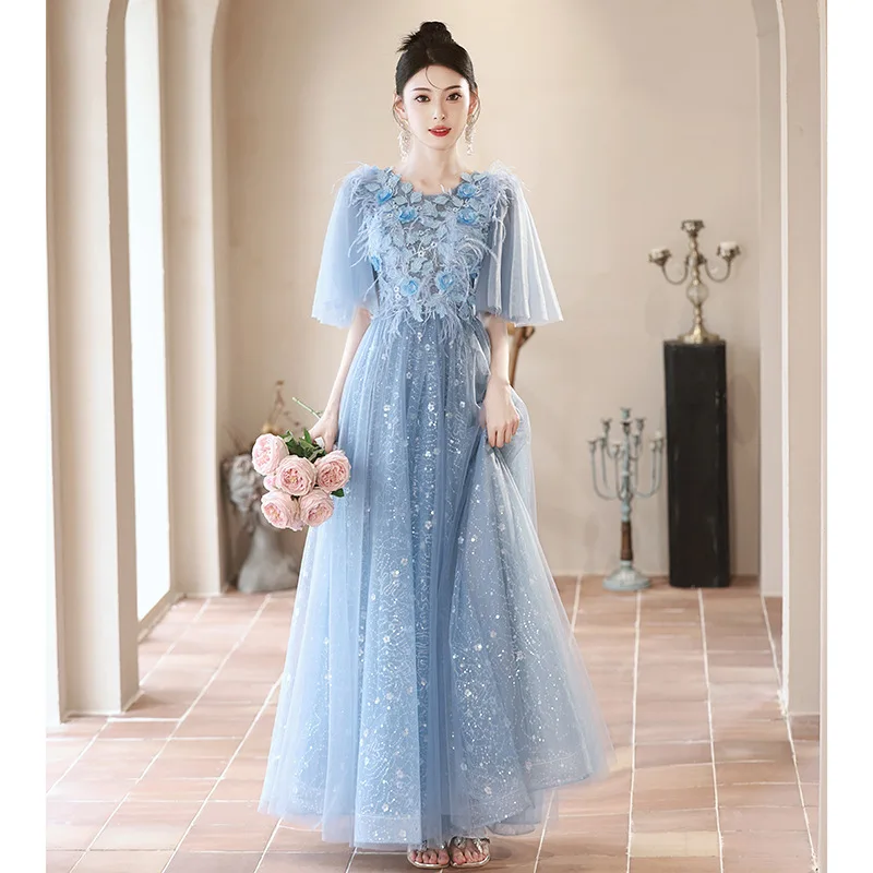 

New High-end Banquet French Host Long Dress Blue Evening Dress Niche Fairy Fashion Elegant Zipper Long Dress Spring and Summer