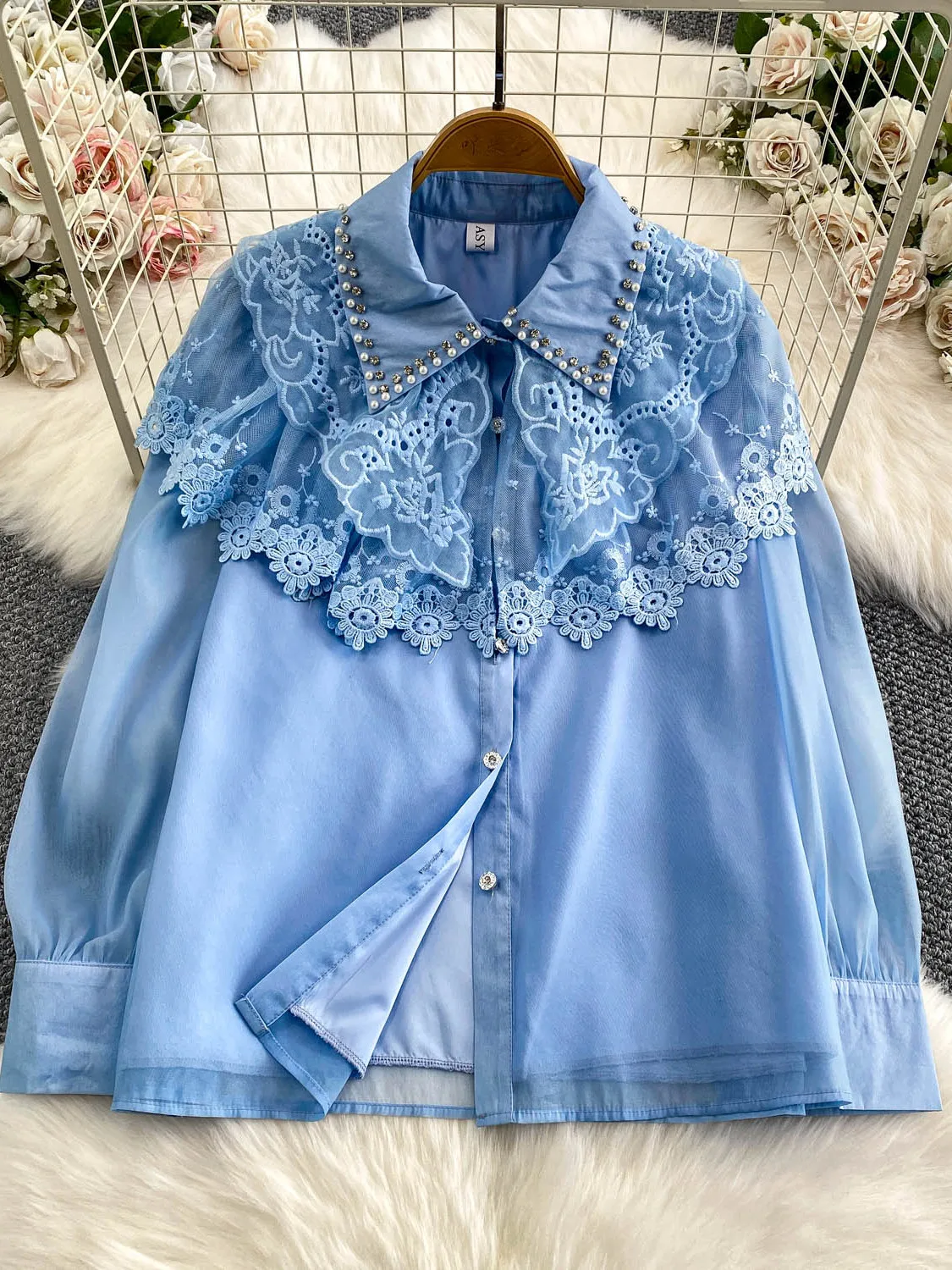 Kardigan damski z koronkowymi wstawkami, zdobiony diamentami, bogato zdobiony, z kołnierzykiem irt, luźny krój, długi rękaw, na jesień i zimę.