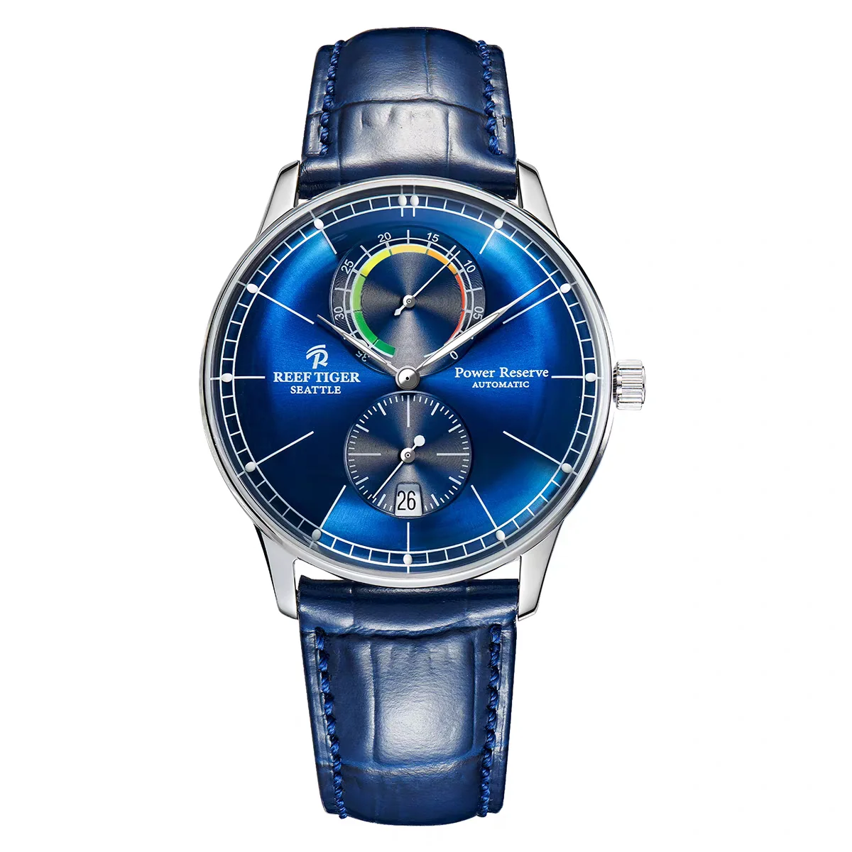 Reef Tiger Men Automatic Watch 42mm Mechanical Wristwatch Sapphire Luminou Power Reserve Display Small Second Dial Date