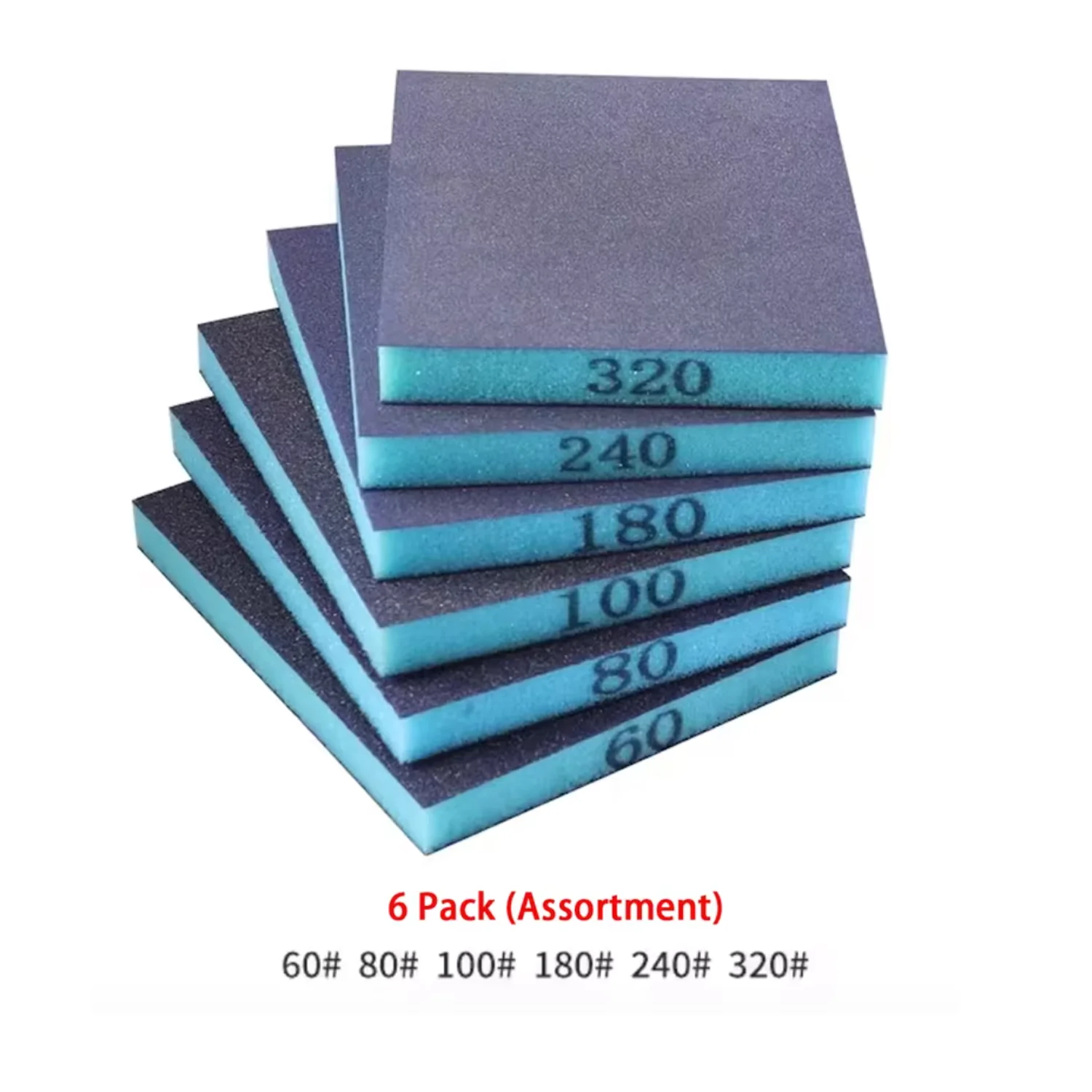 6Pcs Double-Sided Sanding Sponge, Wet Dry Sanding Blocks 60/80/100/180/240/320 Grit, Washable Sandpaper Sponge for Wood Metal