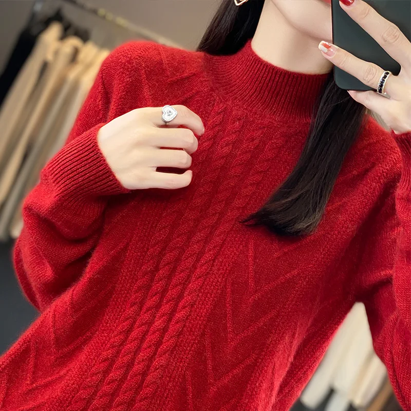 Half-High-Necked 100% Sweater Women's Pullover Autumn And Winter New Pullover Long-Sleeved Sweater Thickened Twisted Knit Top