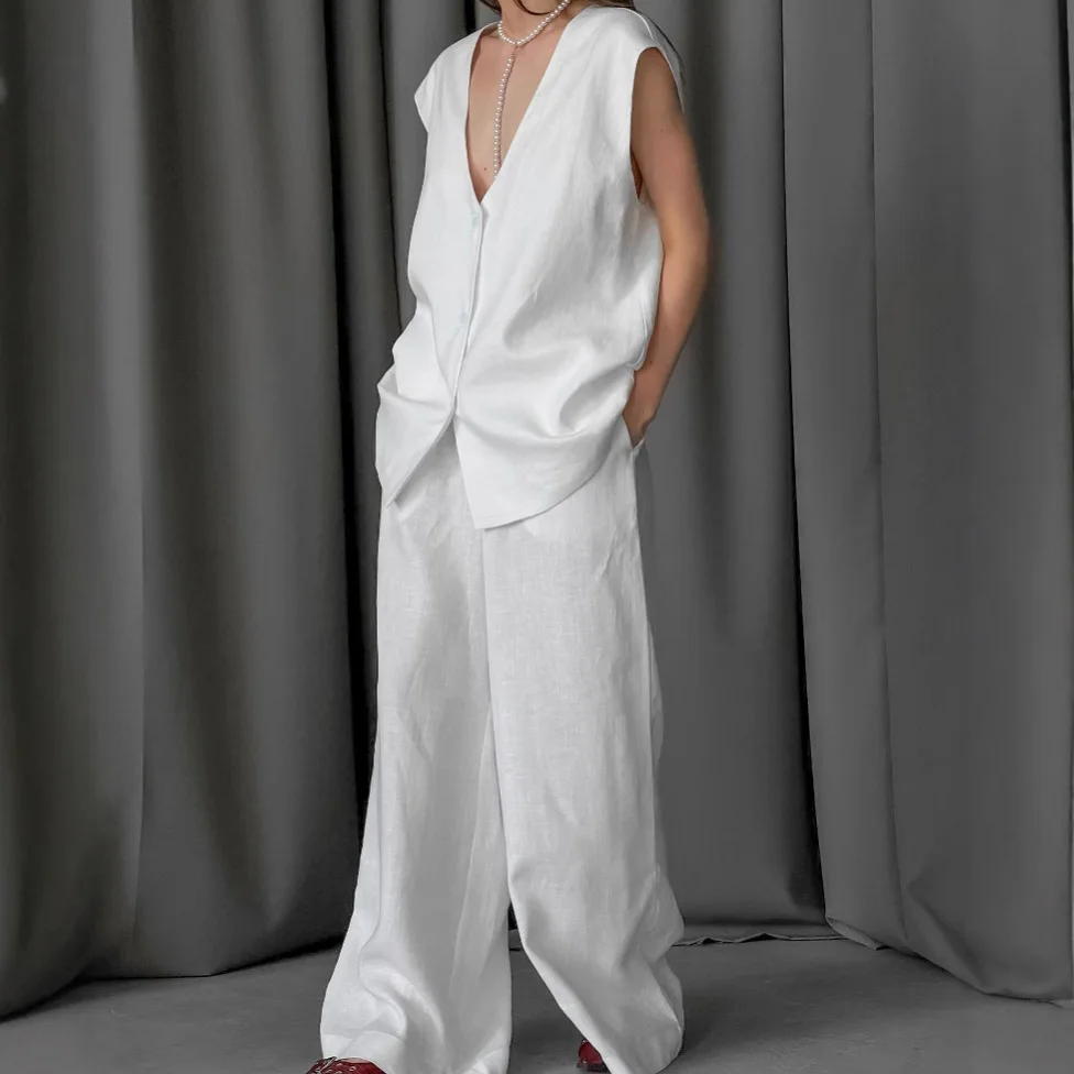 

Fashion Commuter 2 Piece Set Spring New Solid Color V-neck Sleeveless Single Breasted Vest High Waist Wide Leg Pants Suit