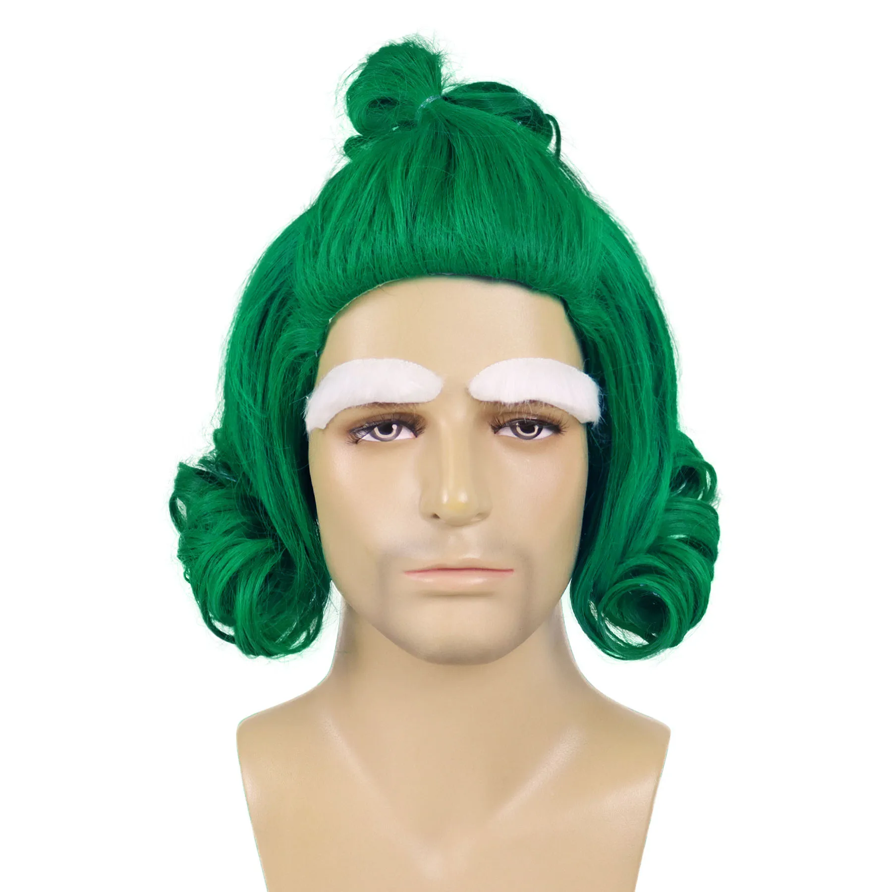 Parrucche per costumi di Halloween da uomo Parrucca per capelli cosplay anime ricci corti verdi sintetici con sopracciglia bianche Set di abiti dall'aspetto naturale