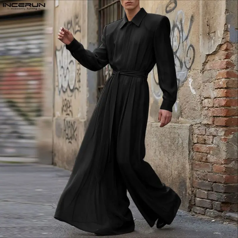 INCERUN Men Jumpsuits Solid Lapel Long Sleeve Zipper Casual Male Rompers With Belt Streetwear Loose 2026 Fashion Overalls Men