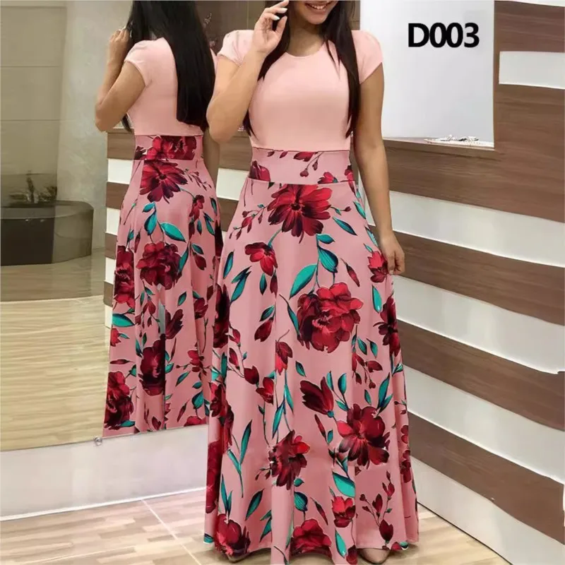 2024 Summer Women's Maxi Dress New Flower Floral Patchwork Print Elegant Round Neck Short Sleeve Comfortable Large Dresses Robe