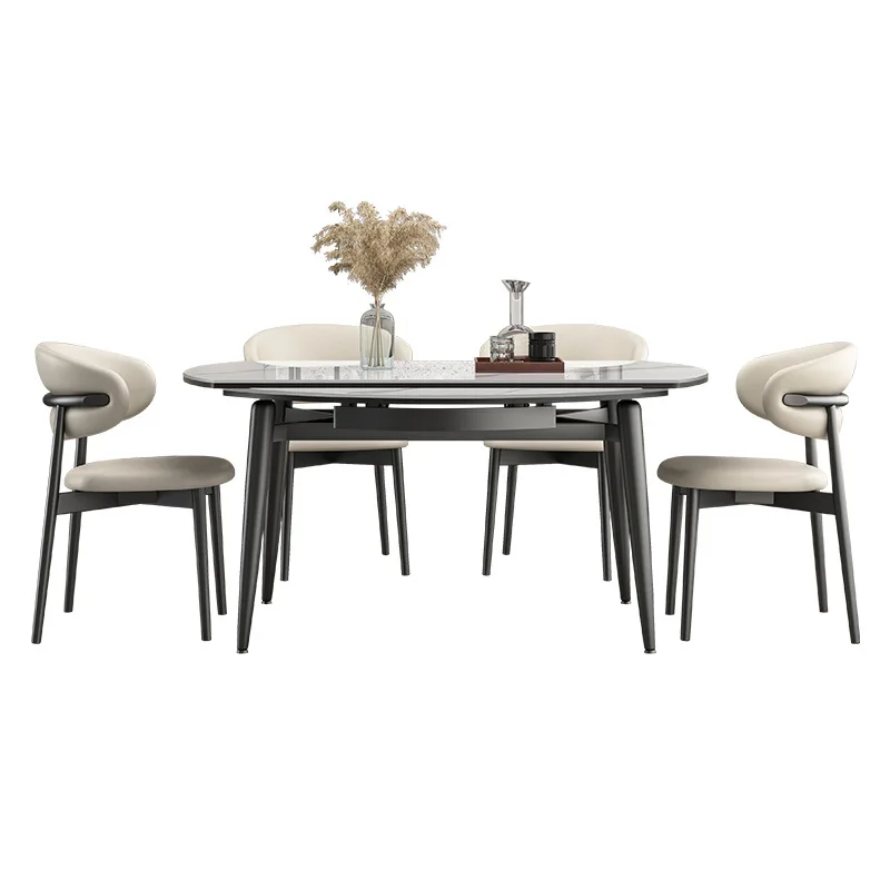 

Solid wood dining table modern simple retractable dining table and chair combination round table bright rock slab retractable di