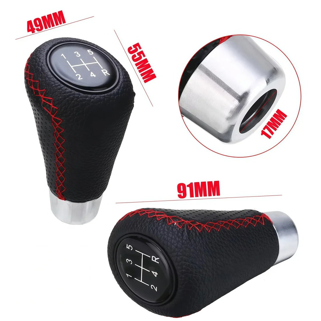 Universal 5 Speed Car Manual Gear Shift Knob Red Stitch PU Leather Shifter Lever Knob Handball With M8 M10 M12 Adapters