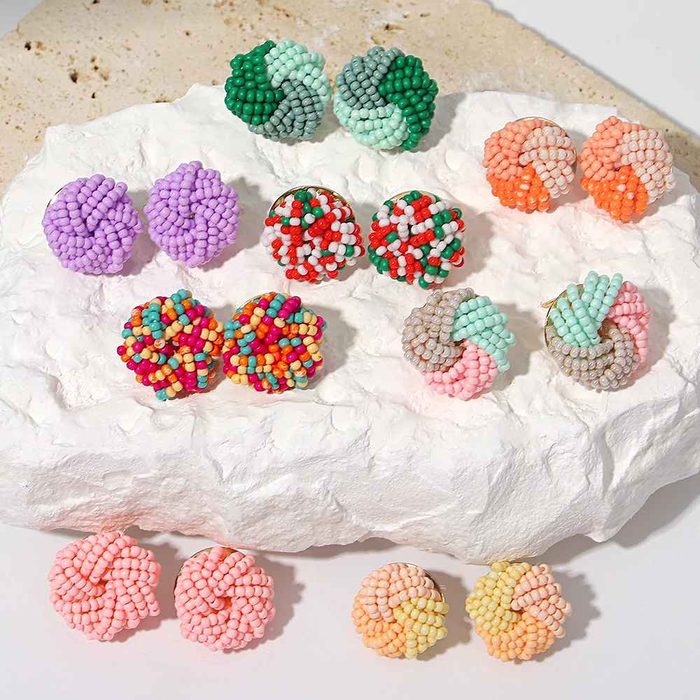 AENSOA Candy Color Seed Beaded Knot Stud Earrings for Women Girls Tricolor Handmade Braided Round Earrings Summer Beach Jewelry