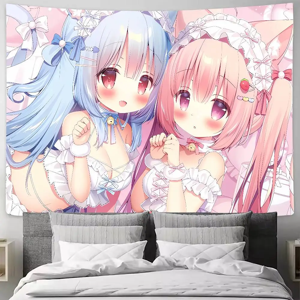 Kawaii Hot Neko Girls Tapestry, Pink Blue Cat Ear Anime Maid Character Wall Hanging, Sweet Pastel Lolita Style Bedroom Decor