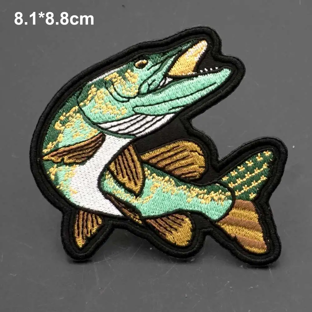 Parches bordados de muskkie, insignia de pescado para ropa, gorras de mochila, apliques DIY