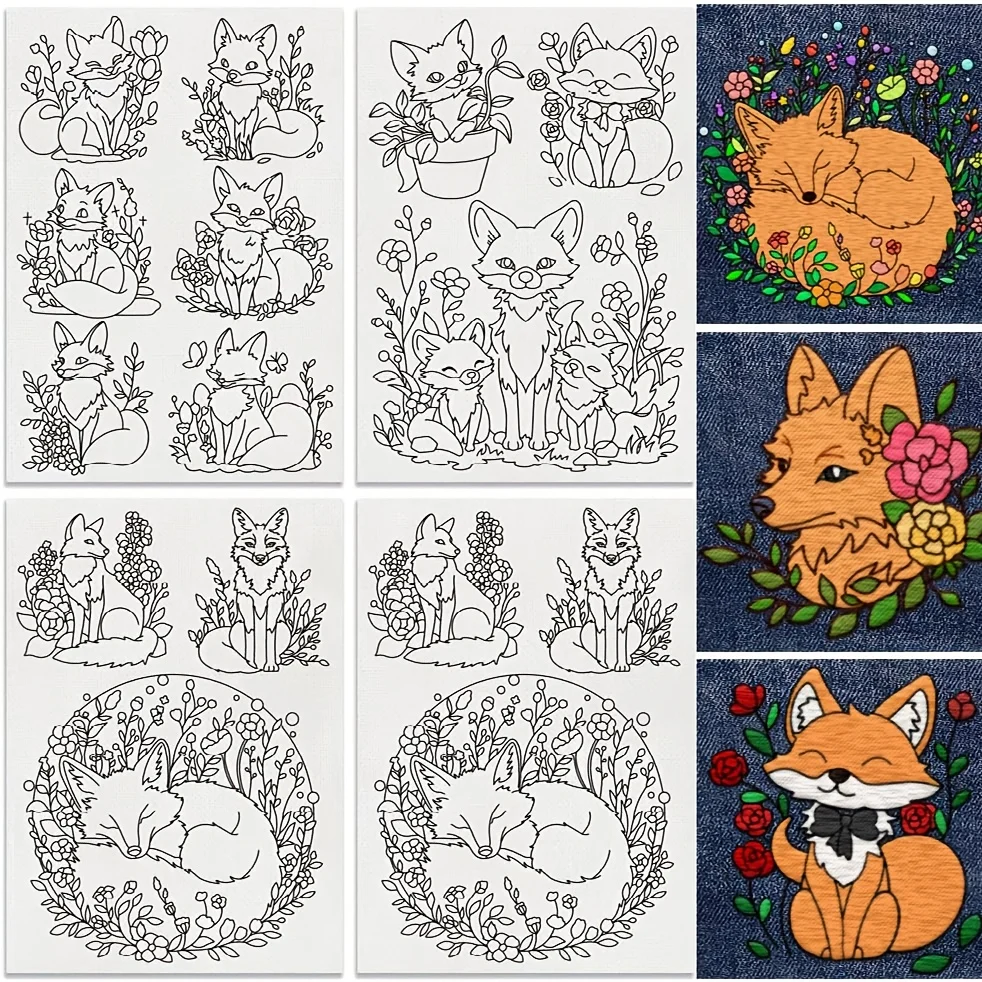4 Stück handgefertigte Stickerei-DIY-Papier, Stabilisator mit Blumen- und Pflanzenfuchsmuster