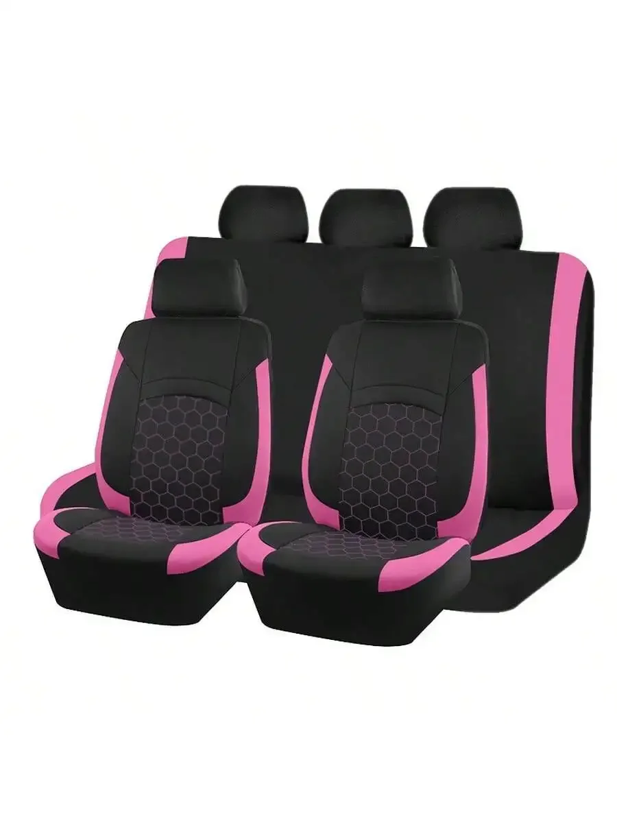 9PCS Universal Car Seat Covers Set With Airbag Compatibility Hexagon Quilted Design Black Pink