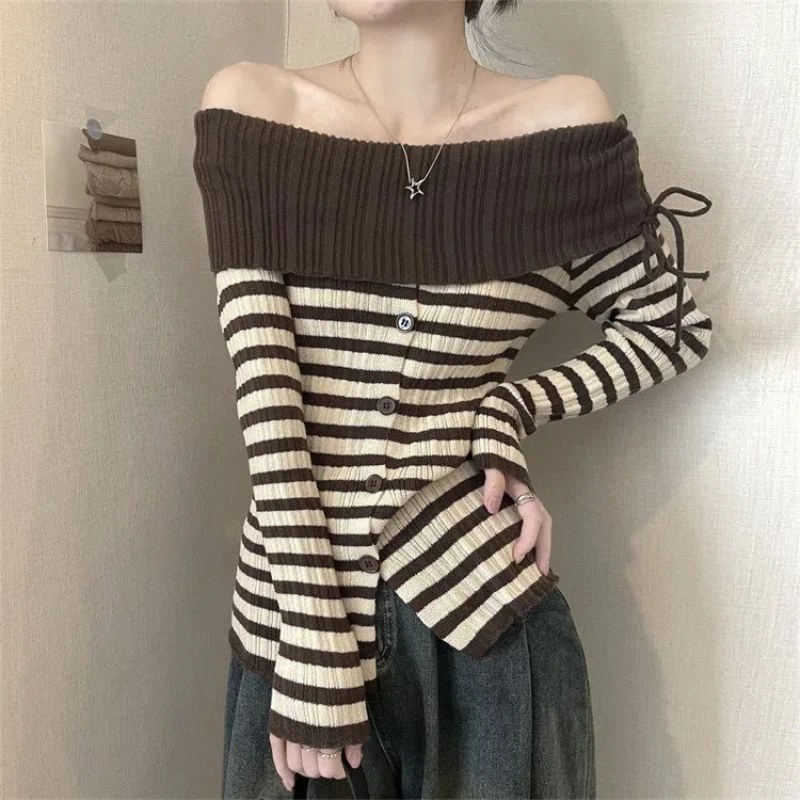 

Y2K Off Shoulder Slim Striped Slit Hem Sweaters Autumn Winter Long Sleeve Lacing High Street Pullovers Top Vintage Women Clothes