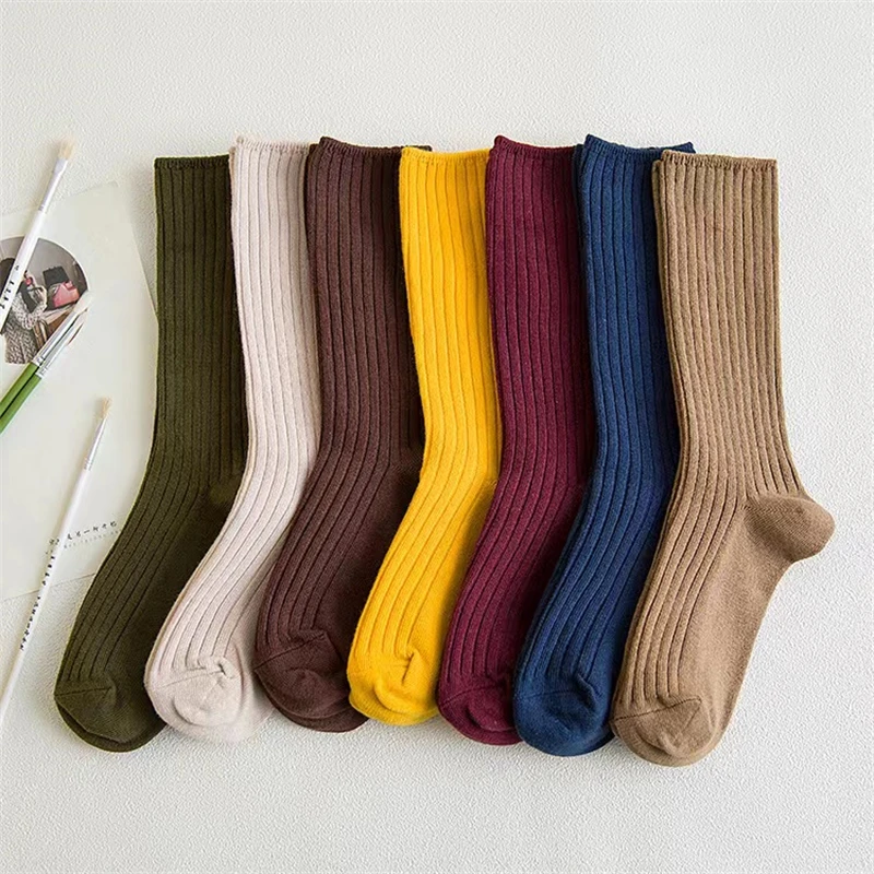 1 Pair Retro Women Cotton Loose Socks Autumn Winter Knitting Solid Color Long Black Pink Korean Japanese Student Girls Stockings