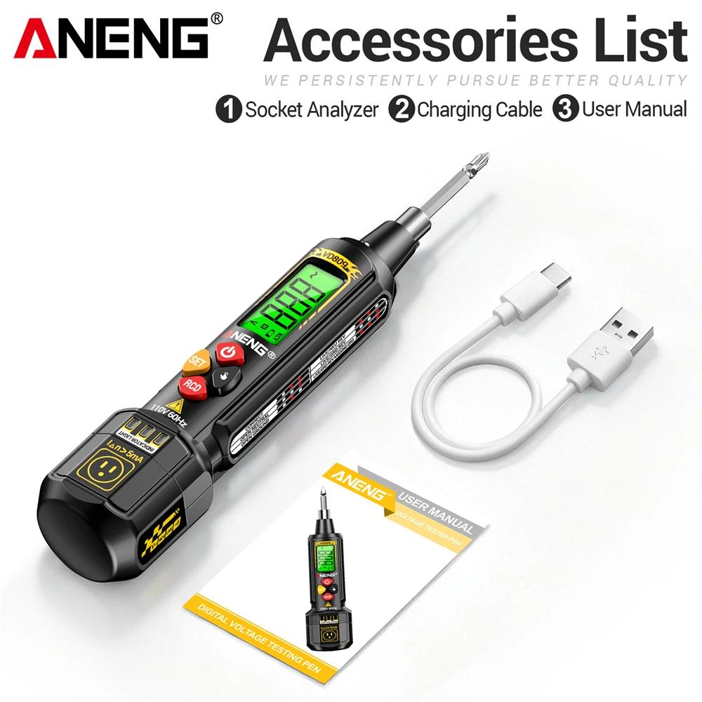 ANENG VD809 Oplaadbare Digitale Spanningsdetector NCV AC 30~1000V Stopcontact Circuit Analyser Stroomonderbreker Zoeker Polariteitstest