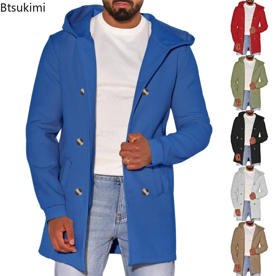 

2024 Men's Woolen Hooded Jackets Mid Length Slim Straight Jackets Outerwear Men Autumn Winter Warm Outdoor Windbreaker Blends