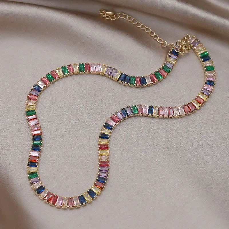 Europe America Hot Fashion Jewelry Luxury Colorful Zircon Geometric Short Necklace Elegant Women Wedding Party Accessories