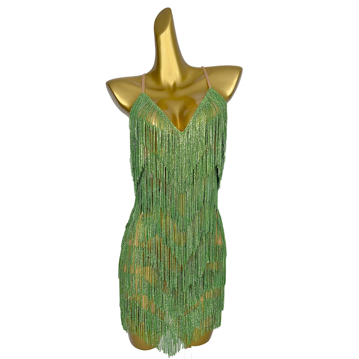 Tiaoyuanxiaov Sparkly Green Rhinestone Fringe Spaghetti Strap V Neck Bodycon Mini Dress Party Club Stage Outfit for Women