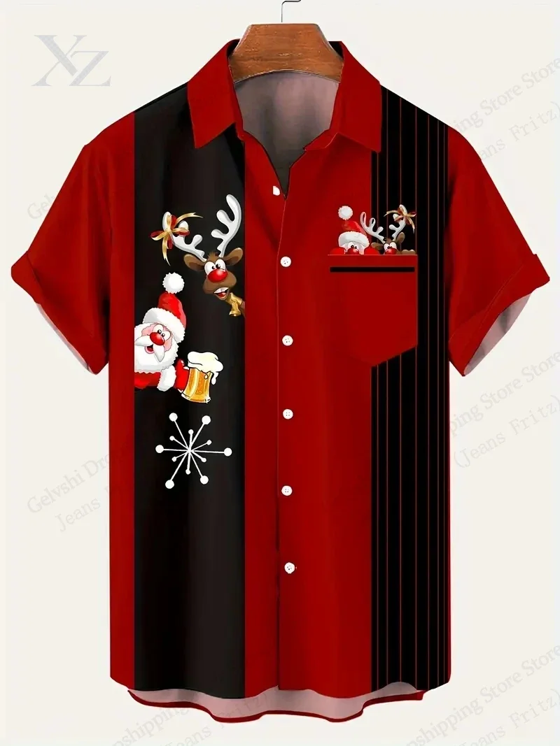 Cartoon Santa Claus Reindeer 3D Print Christmas Shirt Men Women Fashion Single-breasted Short Sleeve Shirt Holiday Blouse Camisa