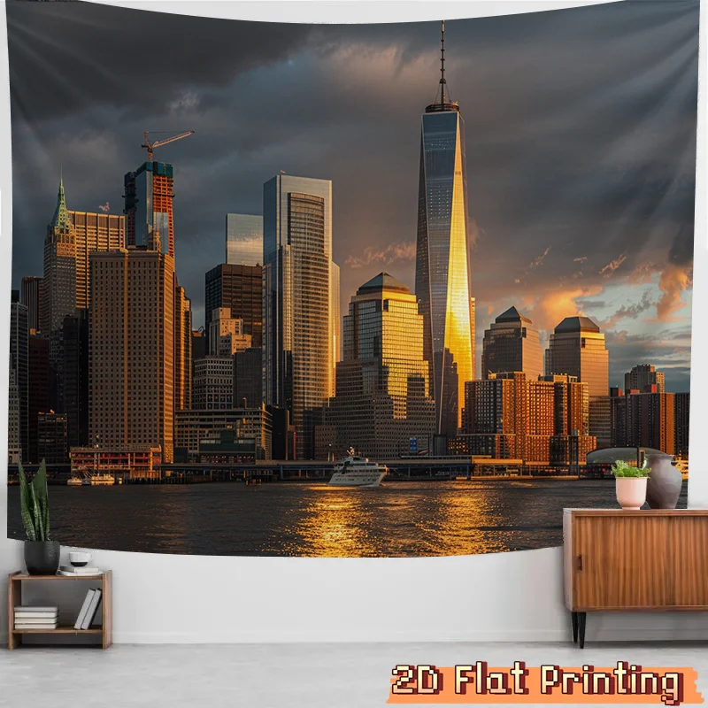 Giant City Skyline Tapestry Wall Hanging Art Decor Modern Urban Downtown Sunset View 180x280cm