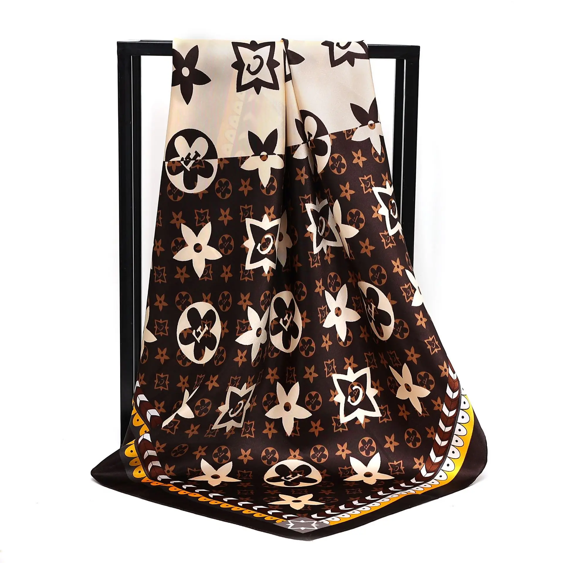 

90X90 см, новинка 2025, женские роскошные атласные шелковые шарфы с принтом, квадратный шарф, хиджаб, шейный платок, женская лента для волос, повязка на голову, бандана