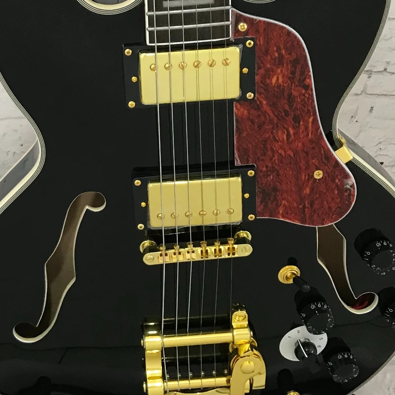 41 Inch Semi-Hollow 335 Electric Guitar Black Gold Humbucker Pickups Tremolo Bridge Blues Free Shipping