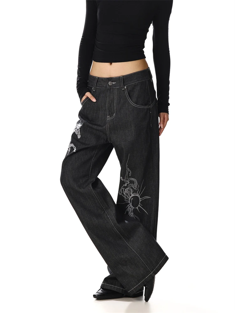 Women's Fashionable Printed Jeans Street High Waisted Straight Pants Unisex Bottoms Female Wide Leg Trousers