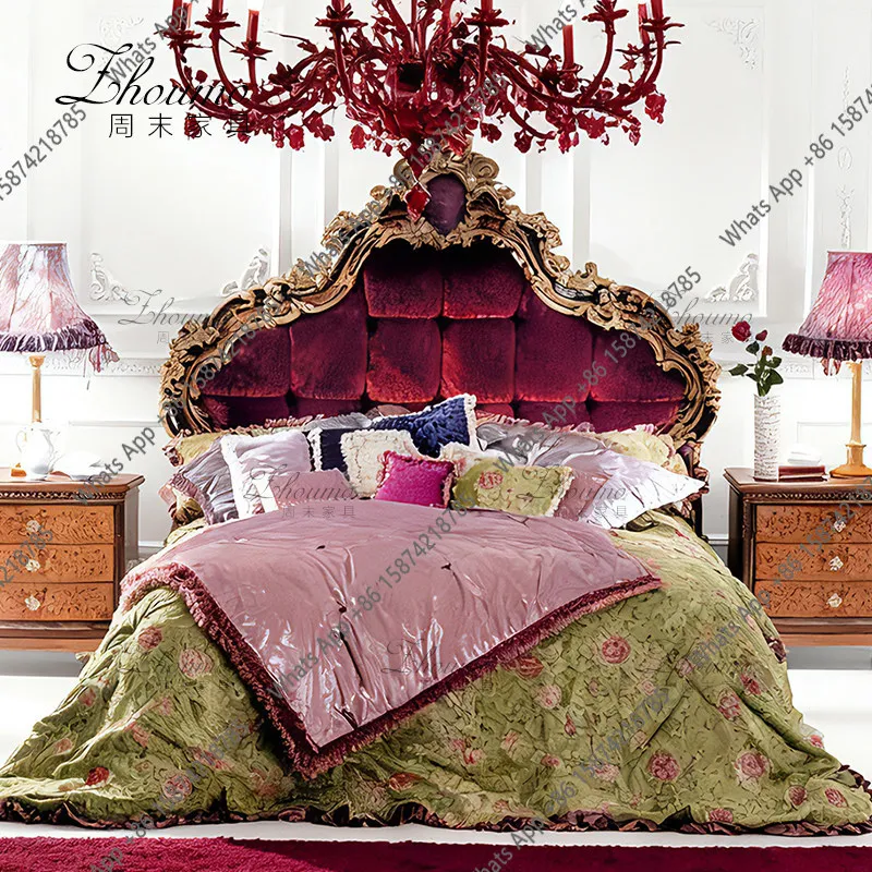 American carved pull button fabric bed retro simple red velvet double bed French light luxury soft bag backrest bed