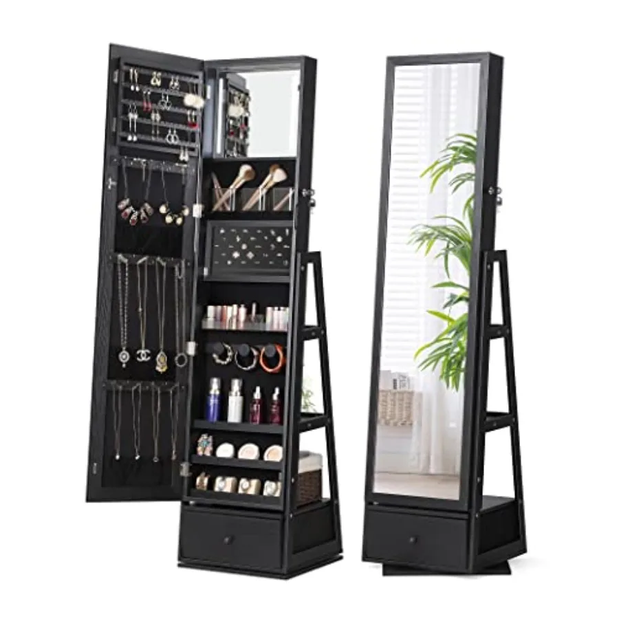 

360 ° Поворотный шкаф для ювелирных изделий с подсветкой, косметическое зеркало с сенсорным экраном, вращающееся зеркало в полный рост с подставкой для хранения ювелирных изделий J