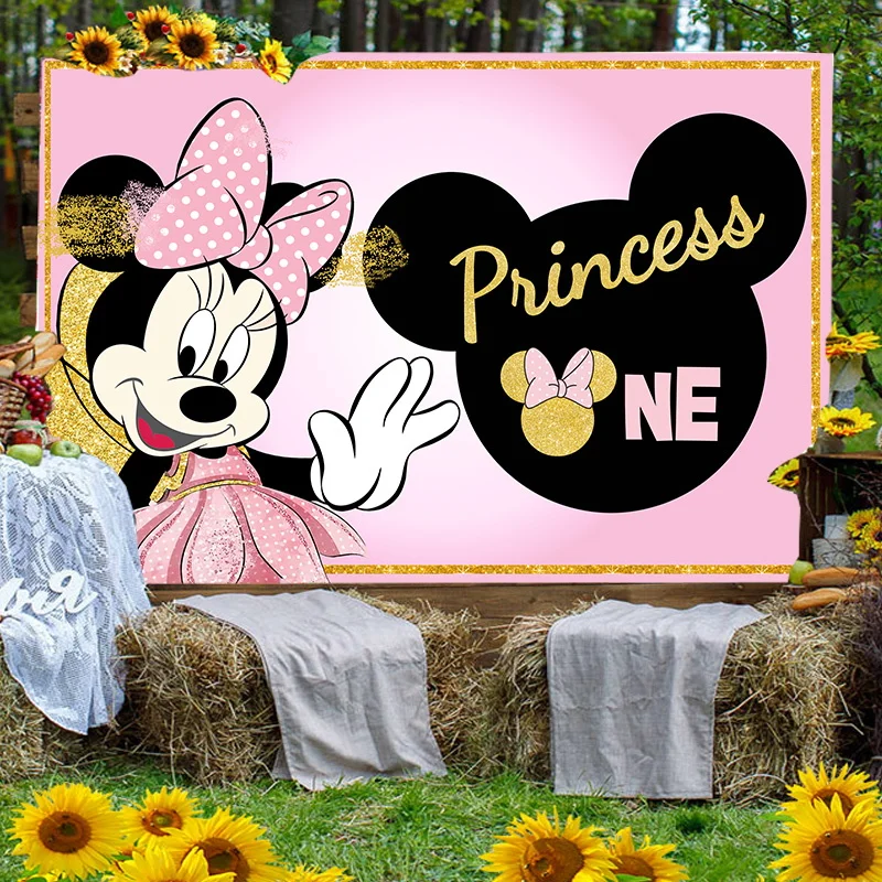 

Disney Lovely Glitter Pink Minnie Mouse Cartoon Custom Background For Girls 1st Birthday Party Table Banner Decoration Backdrop