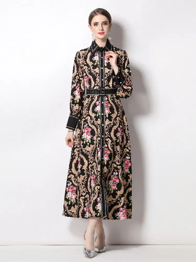 Autumn New Fashion Vintage Print Midi Dress for Women Elegant Black Flowers Print Belt Single-breasted Shirt Dress Female