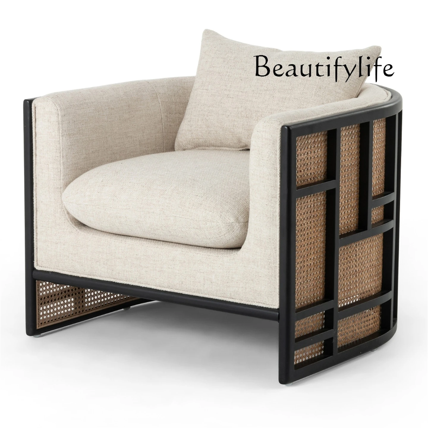 

American retro old solid wood single sofa French simple leisure chair Nordic model room rattan sofa living room home