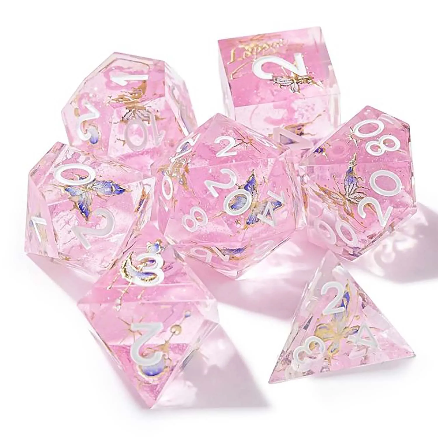 7Pcs DND Resin Dice Set Pink Flowers Butterfly Insects Multi-sided Polyhedral Dice for D&D Game COC Role Playing RPG Table