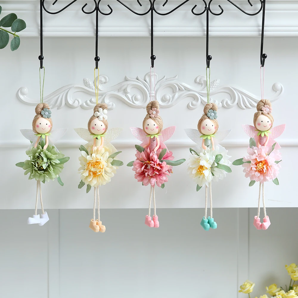 New Plush Flower Fairy Bunny Rabbit Dolls Hanging Ornaments Pink White Yellow Green Kids Girls Gifts Easter Home Decor