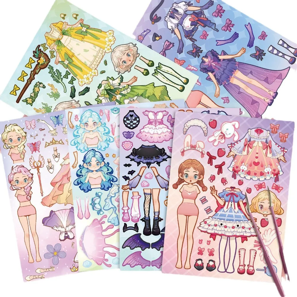 6-Pack Cute Princess Stickers Puzzle Face Swap and Dress-Up Personalized DIY Waterproof Stickers Children's Dress-Up Play Toys
