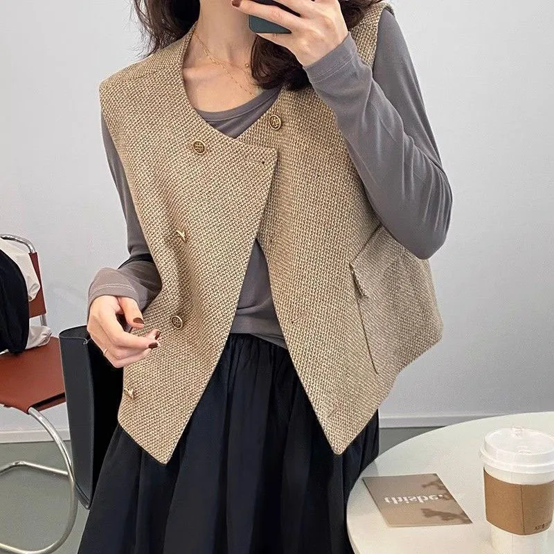 

Korean Short Tweed Vest for Women Vintage All-Match Double-Breasted Sleeveless Tops Female Autumn New Street Out Wear Waistcoat